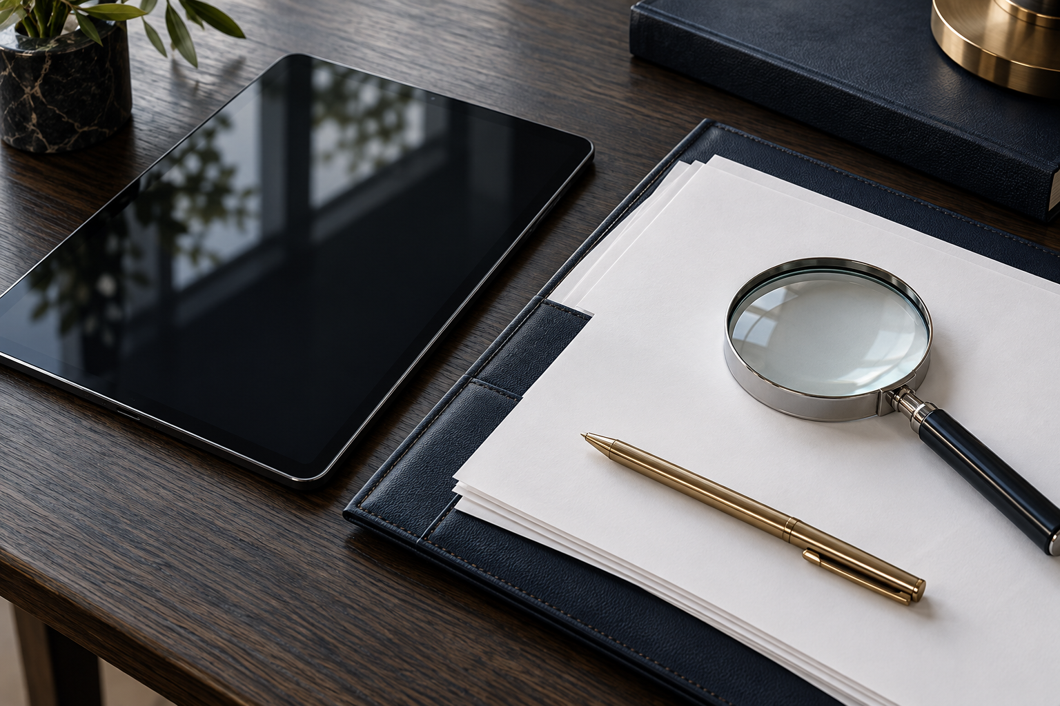 Illustrative still life of a document folder, tablet, magnifying glass, and pen