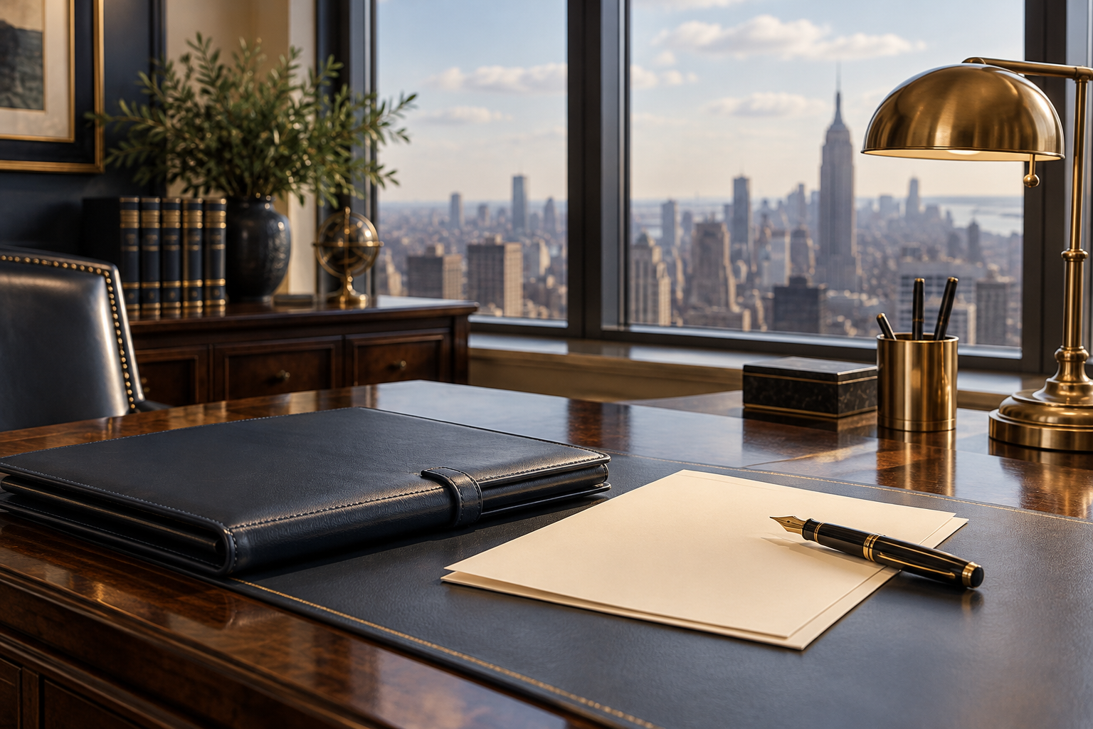 Illustrative editorial scene of a desk with legal documents and a city view